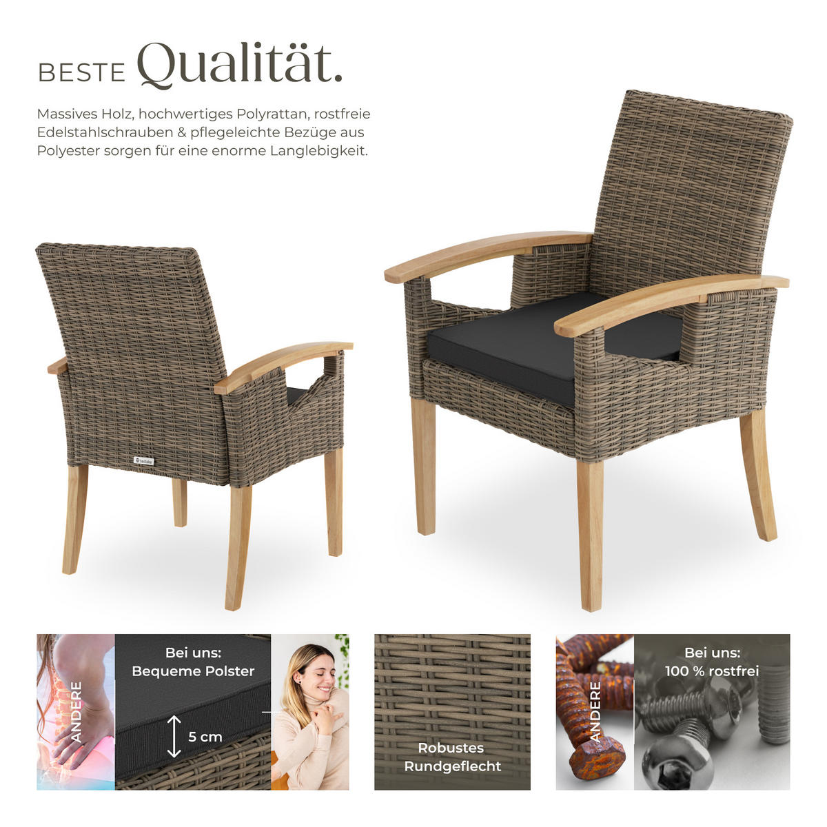 RATTAN STUHL Rosarno,inklusive Sitzpolster, 62,5 x 71,5 x 94 cm,natur - Naturfarben, Kunststoff (62.5/94/71.5cm) - tectake