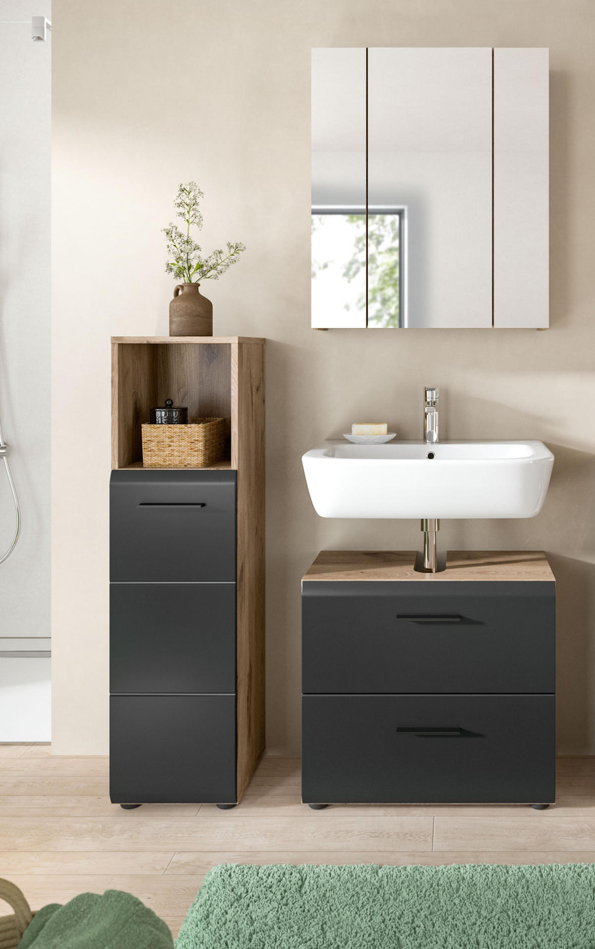 BADMÖBEL-SET 3-teilig schwarz matt, Nox Eiche, Badkombination 105 x 185 cm - Eichefarben/Schwarz, Glas/Holzwerkstoff (105/185/30cm) - Inn.Furn