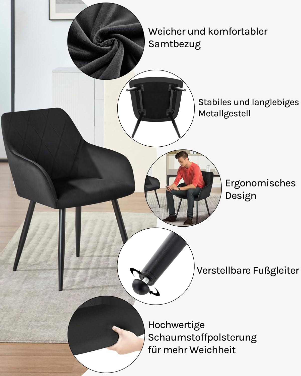 ESSZIMMERSTÜHLE 6er Set, Küchenstühle gepolstert mit Armlehnen, Schwarz - Schwarz, Kunststoff/Textil (44.5/79/46.5cm) - Woltu