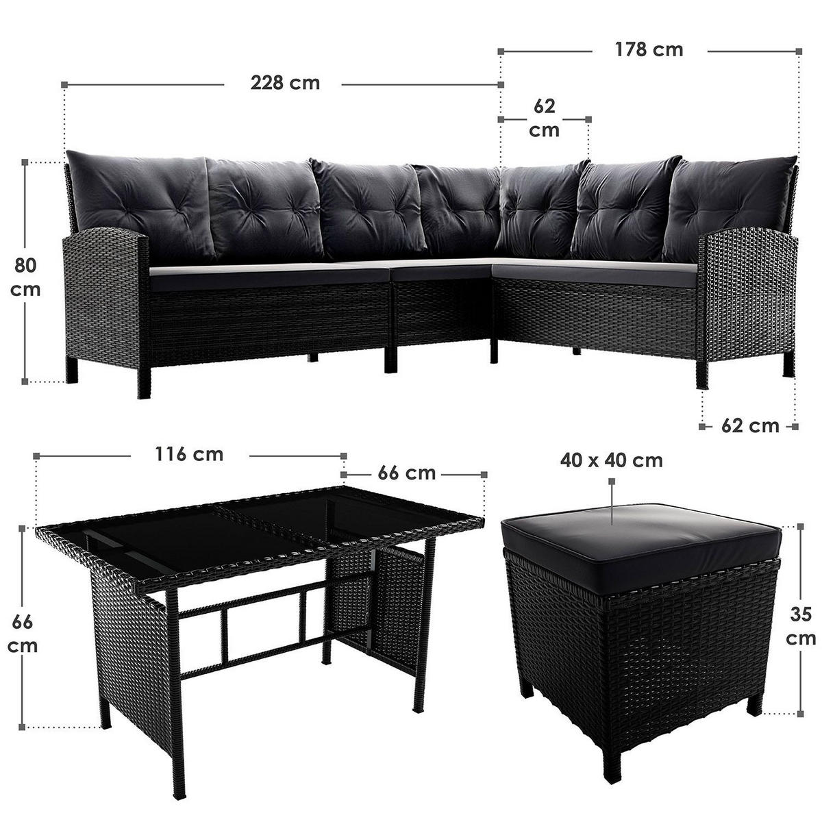 LOUNGEGARNITUR Manacor schwarz, dunkelgrau inkl. Abdeckung - Dunkelgrau, Kunststoff/Metall - Juskys