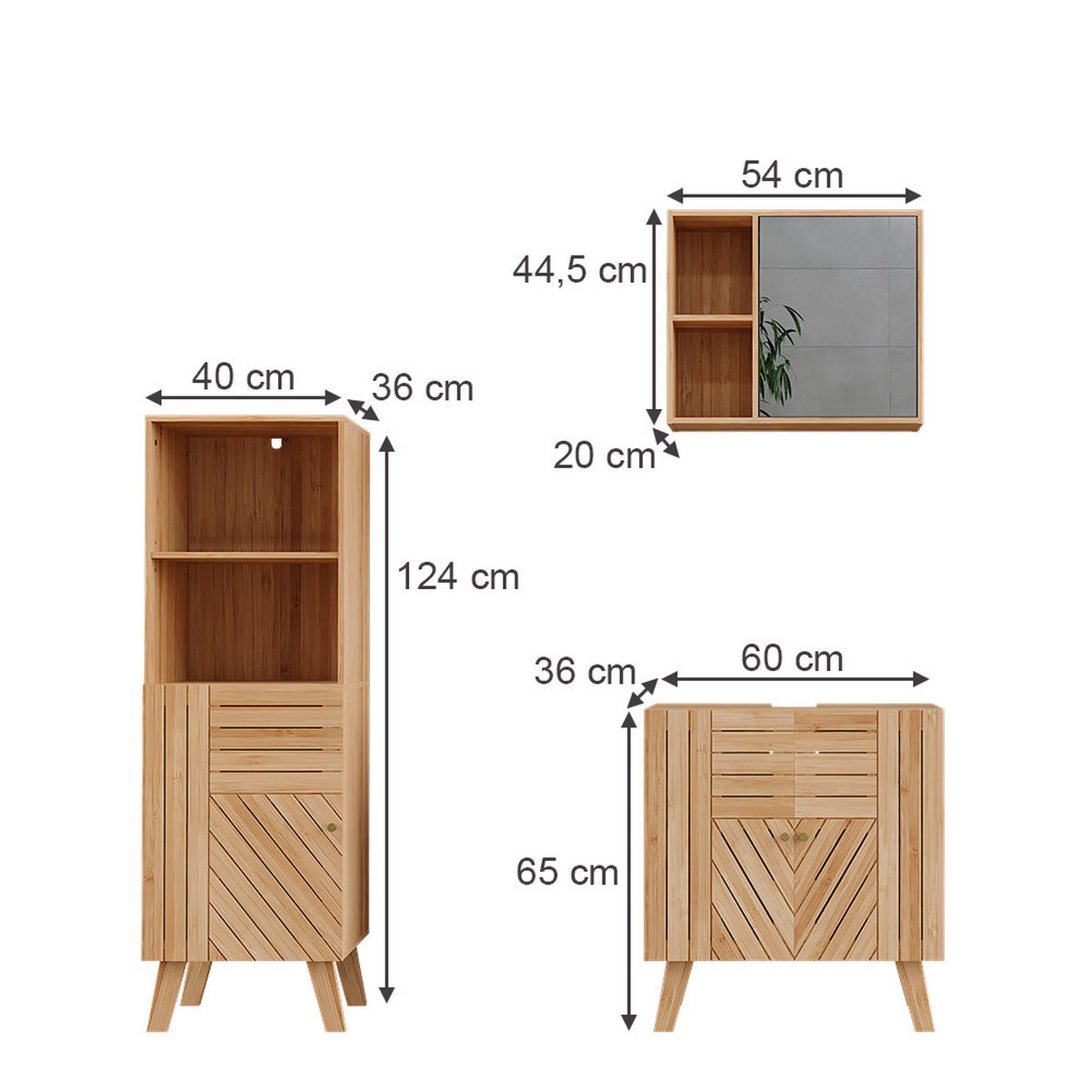 BADMÖBEL-SET Lucie Bambus 3 Teile, mit Midischrank - Grün, Holzwerkstoff (60/65/36cm) - Vicco