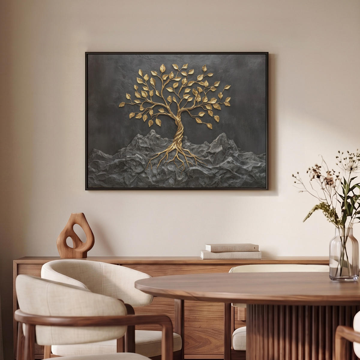 LEINWAND Bilder mit Rahmen - Blätter - Gold - Baum - Fels - 70x50 - Schwarz, Textil (70/50cm) - MuchoWow