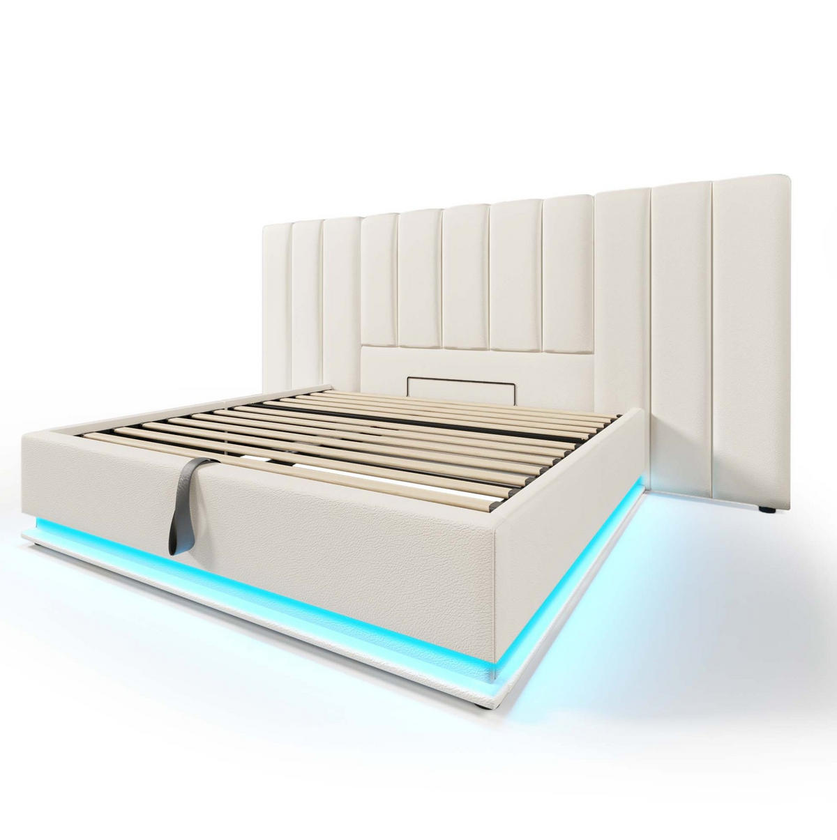 OBLAZINJENA postelja 180/200 cm z LED osvetlitvijo, USB-C polnjenjem, hidravličnim shranjevanjem in PU prevleko, Bela - bela, tekstil (180/200cm) - Redom