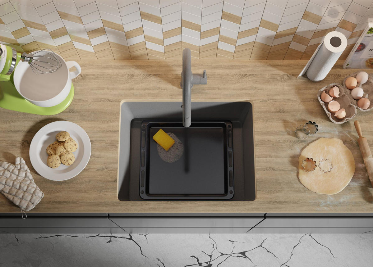 UNTERBAUSPÜLE GRANIT Venedig Easy, 2-er set Grau 56/44 cm 1 Becken + Ablauf-Set ab 60er Unterschrank - Chromfarben/Grau, Kunststoff (56/20/44cm) - Primagran