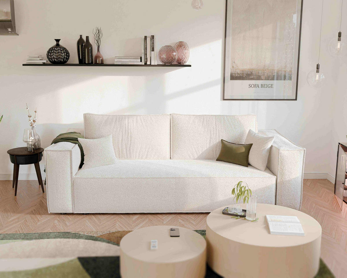 SOFA 3-Sitzer mit Schlaffunktion und Bettkasten, Creme - Beige/Creme, Holzwerkstoff/Textil (240/84/105cm) - Idohome