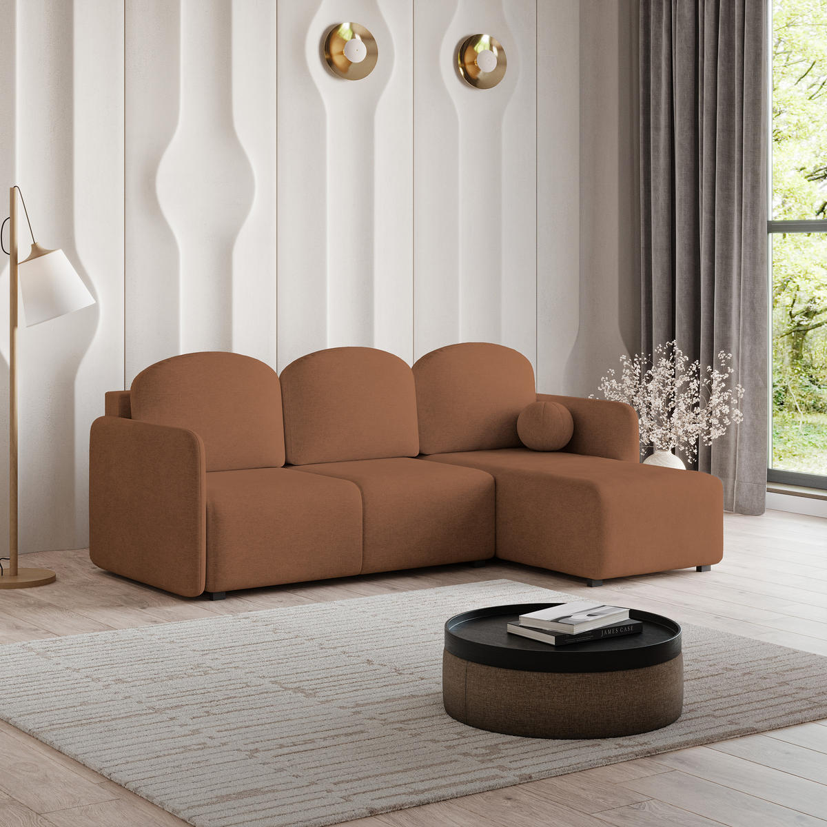 ECKSOFA SUVINO Kupferfarben Geflochtener Stoff mit Schlaffunktion - Kupferfarben, Holz (230/143cm) - MASSENO