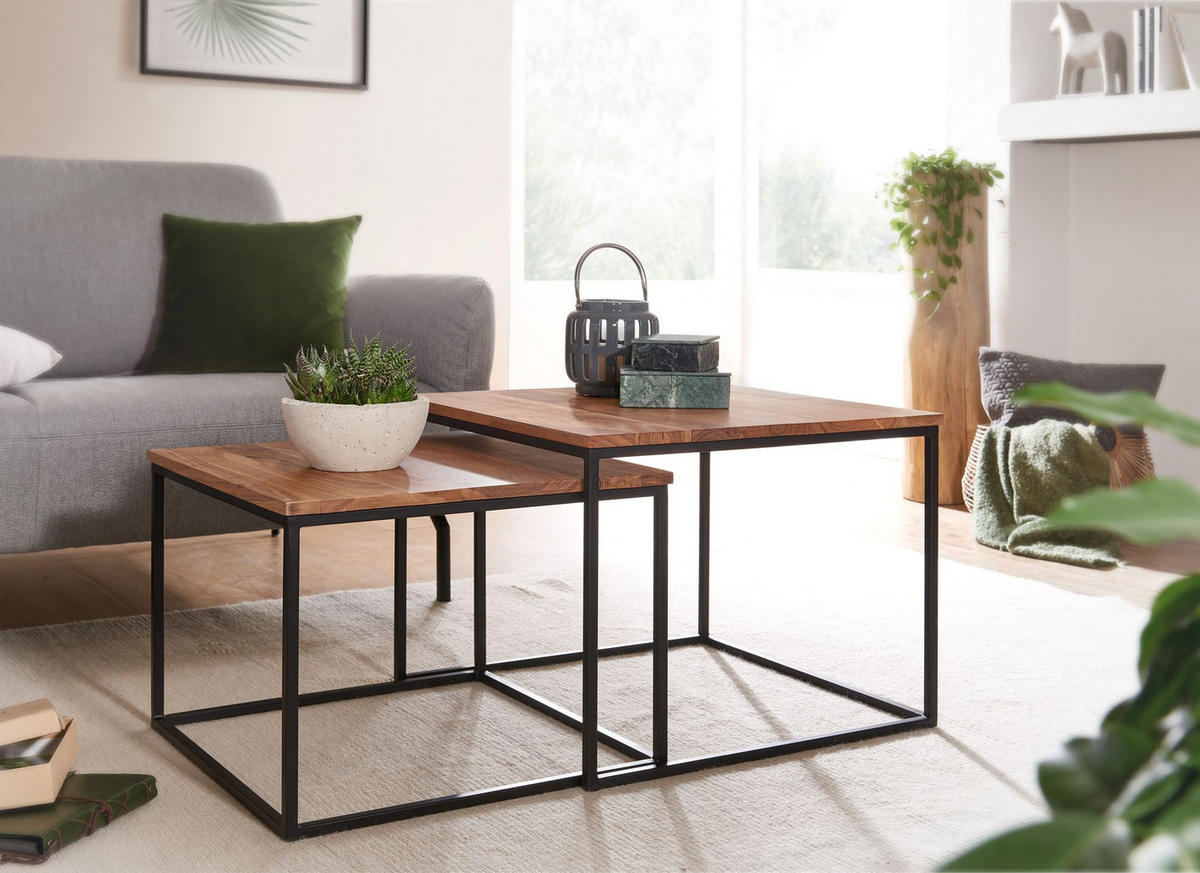 WOHNZIMMERTISCH Set – Holz Metall quadratisch 2-teilig Industrie-Stil - Beige/Schwarz, Holz/Metall (60/60/46cm) - KADIMA DESIGN