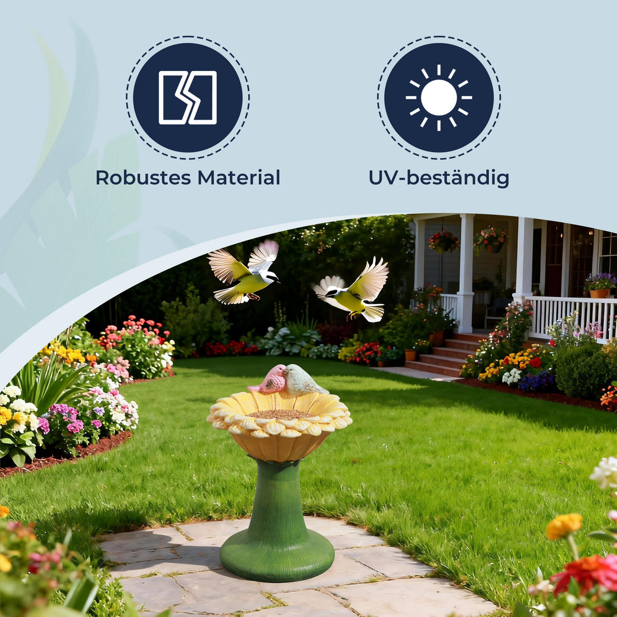45 cm Hoher Sonnenblumen-Vogelhäuschen- und Vogeltränke-Kombi für den Außenbereich, aus MGO-Material, geeignet für Garten, Veranda und Hof - Multicolor, Kunststoff (32.5/45/32.5cm) - Hometopia