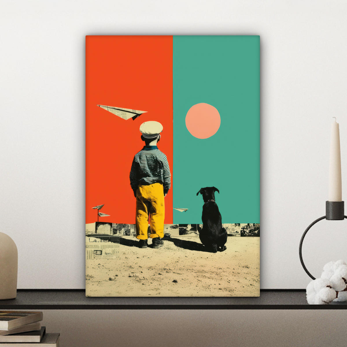 LEINWANDBILD Retro - Junge - Hund - Rot - Grün Deko Wohnzimmer 20x30 cm - Orange, Textil (20/30cm) - MuchoWow