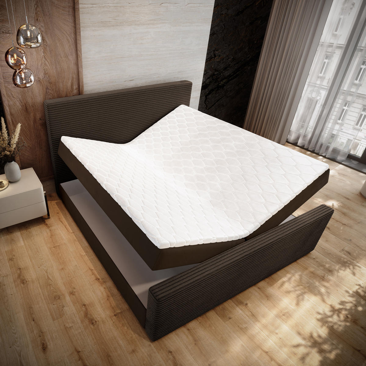 BOXBETT ALORIA 140x200 cm mit Matratze und Topper - Braun - Braun, Holz (140/200cm) - MASSENO