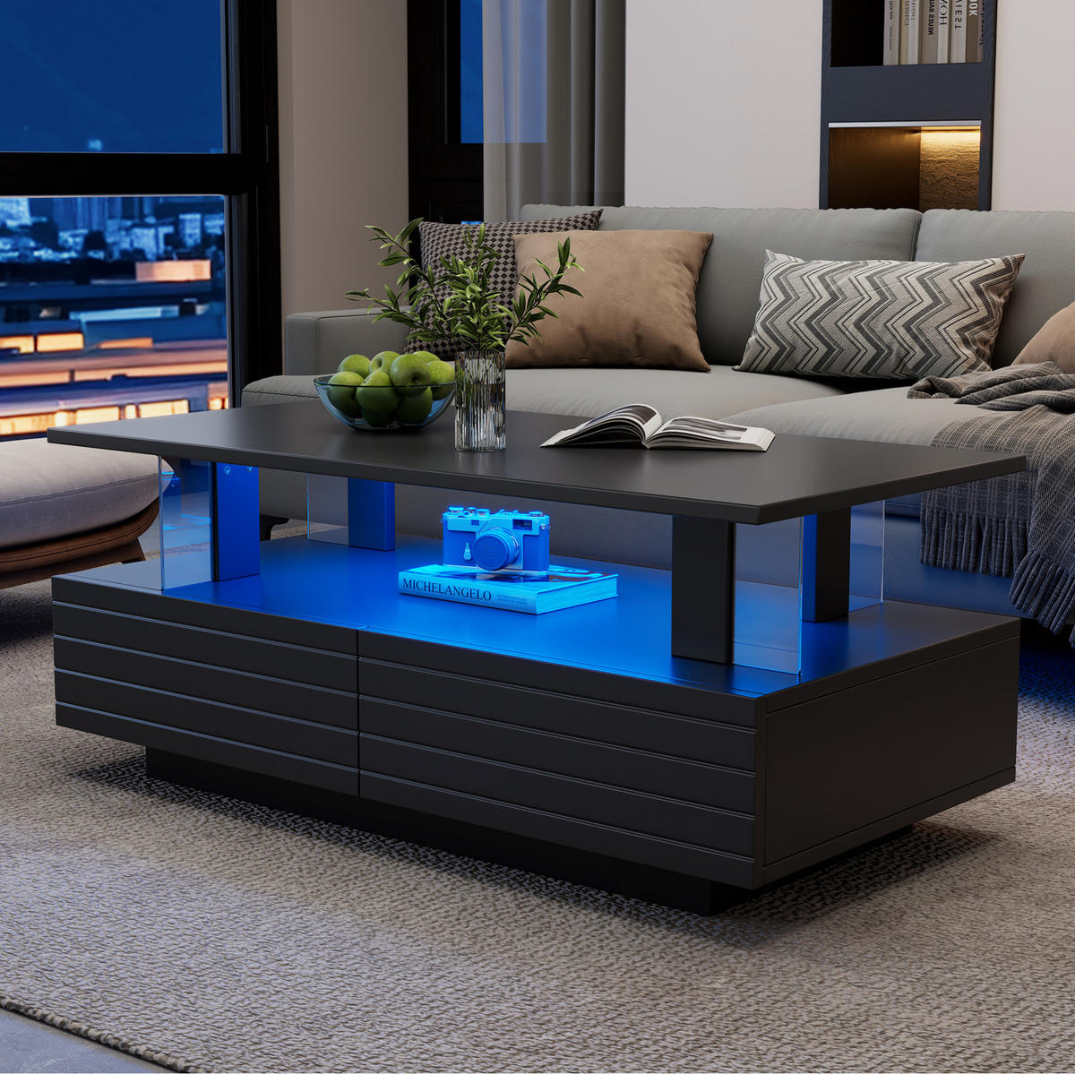 COUCHTISCH mit LED und Stauraum 100 x 50 cm Acryl Schwarz - Schwarz, Holz (100/50/42cm) - Meubliv