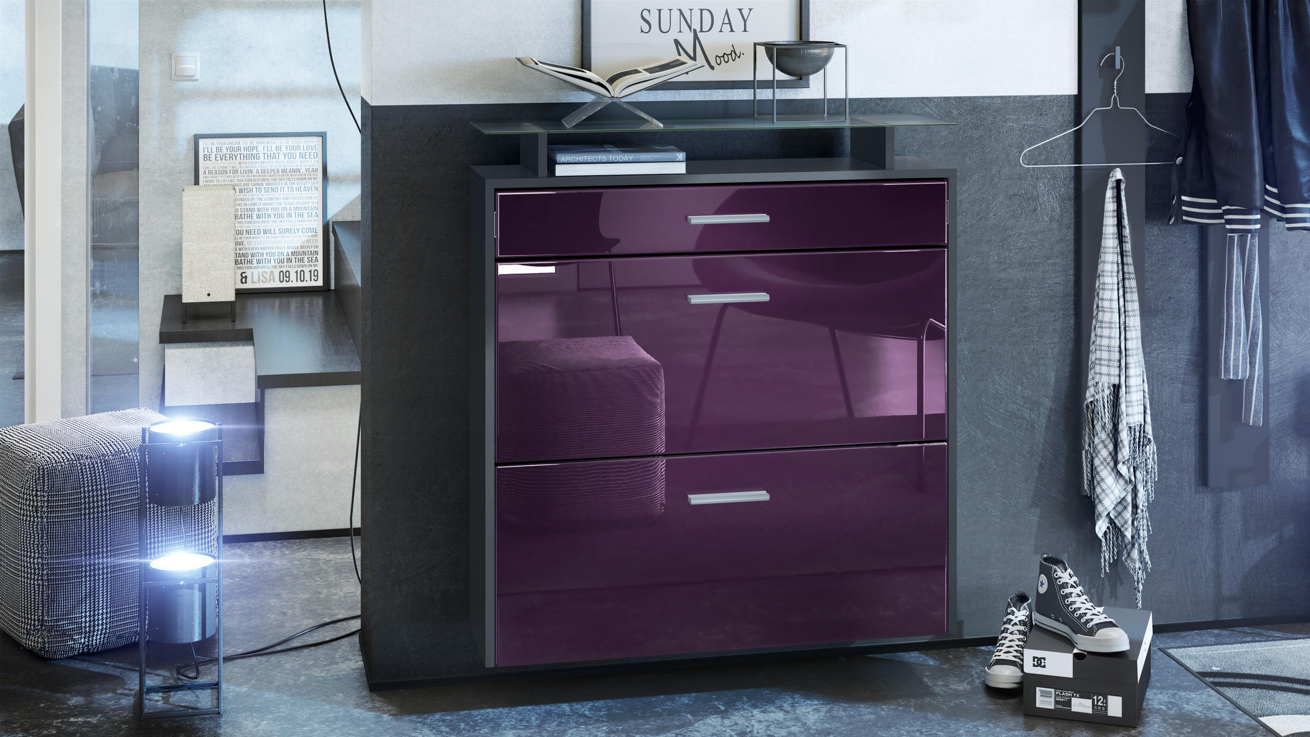 SCHUHSCHRANK Malea Fronten in Brombeer Hochglanz - Brombeere, Holzwerkstoff (89/96/23cm) - Vladon