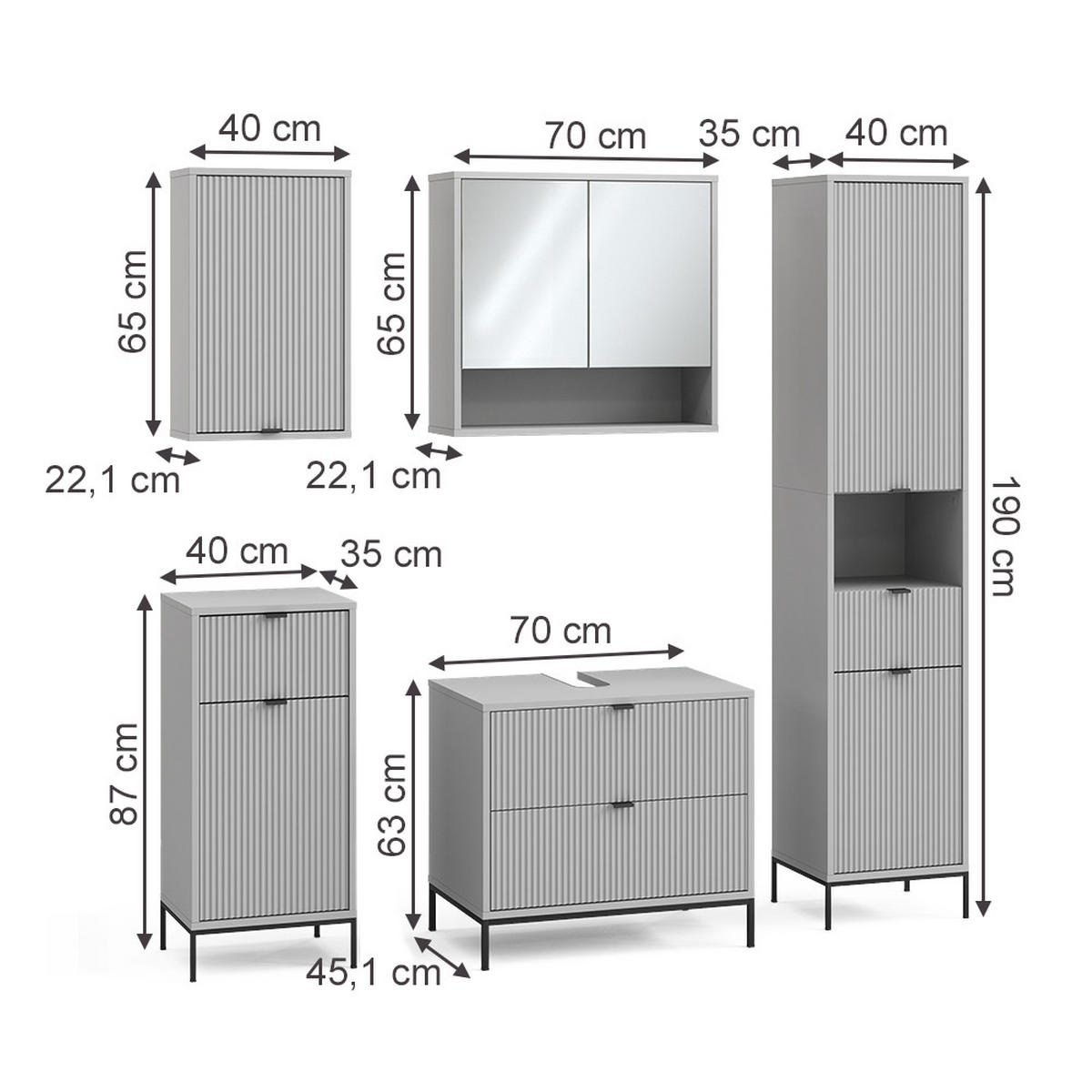 BADMÖBEL-SET Eliza Grau 5 Teile - Grau, Holzwerkstoff (70/63/45.1cm) - Vicco