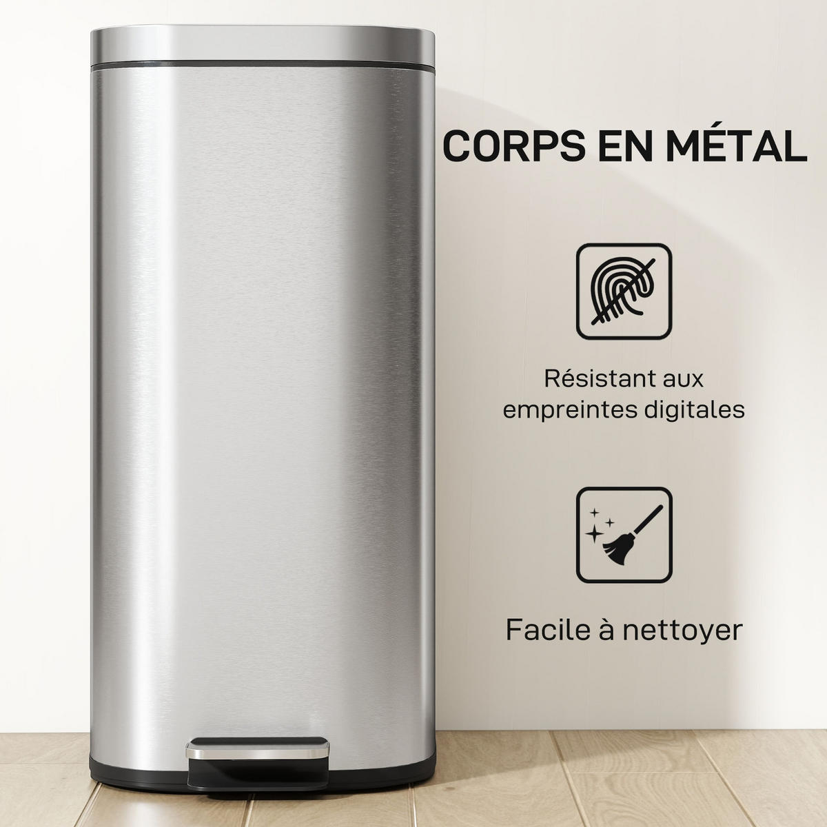MÜLLEIMER Küche 30L 29/36/59,5 cm Metall Silber MIT SOFT-CLOSE-DECKEL Treteimer für Haushalt - Silberfarben, Metall (36/59.5/29cm) - Rolipo