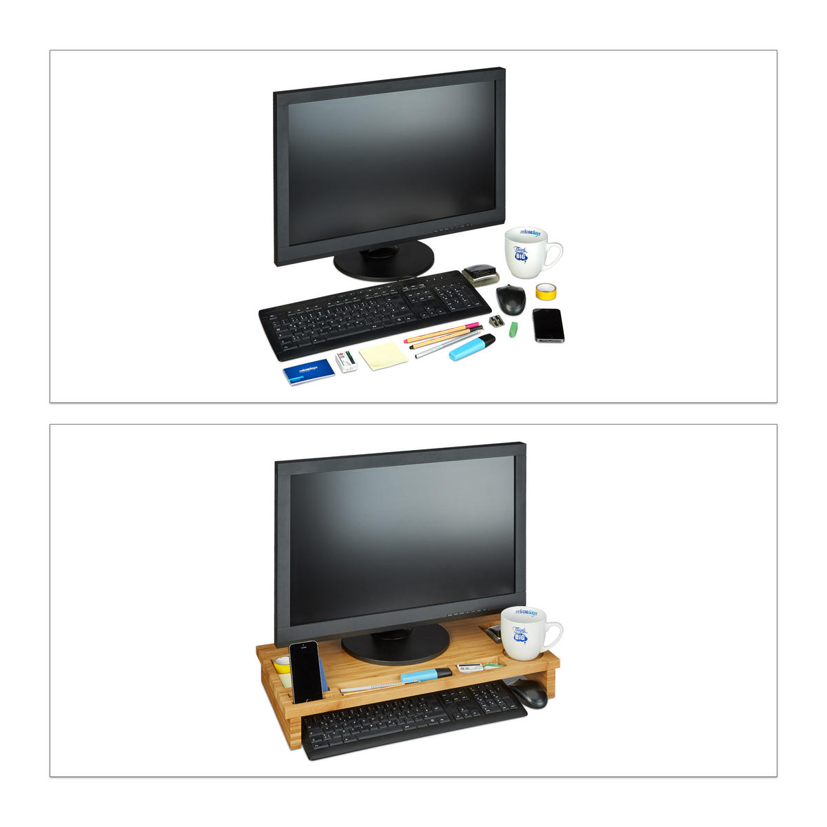 MONITORSTÄNDER Natur Bambus mit 7 Fächern 60x30 cm - Hellbraun, Holz (30/60/9cm) - Relaxdays