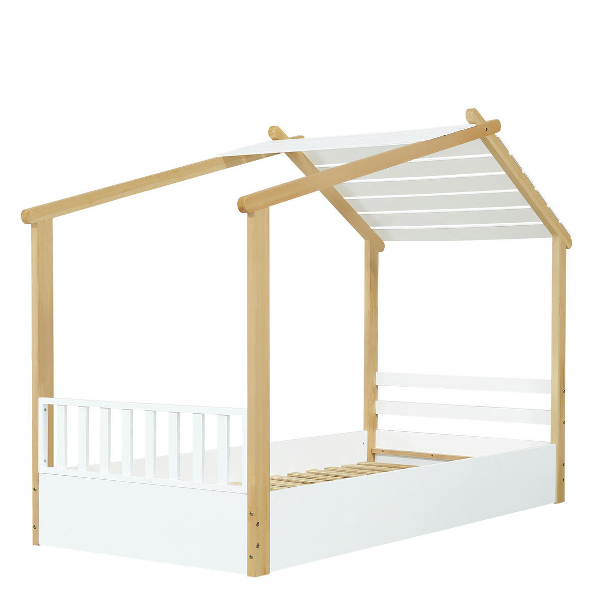 KINDERBETT 90/200 cm mit Lattenrost im Hausdesign aus Kiefer und MDF, Weiß/Natur - Weiß, Holz (90/200cm) - Redom