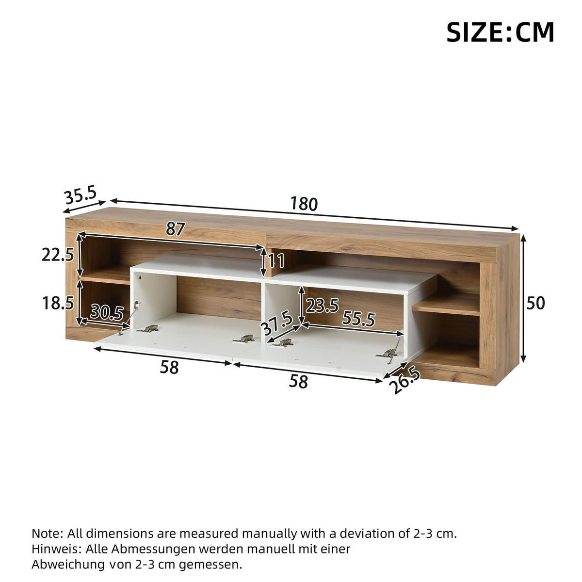 LOWBOARD in Naturfarben und Weiß mit LED und 2 Schubladen für Wohnzimmer, B180/T35.5/H50 cm - Naturfarben, Holzwerkstoff (180/50/35.5cm) - STILVORA
