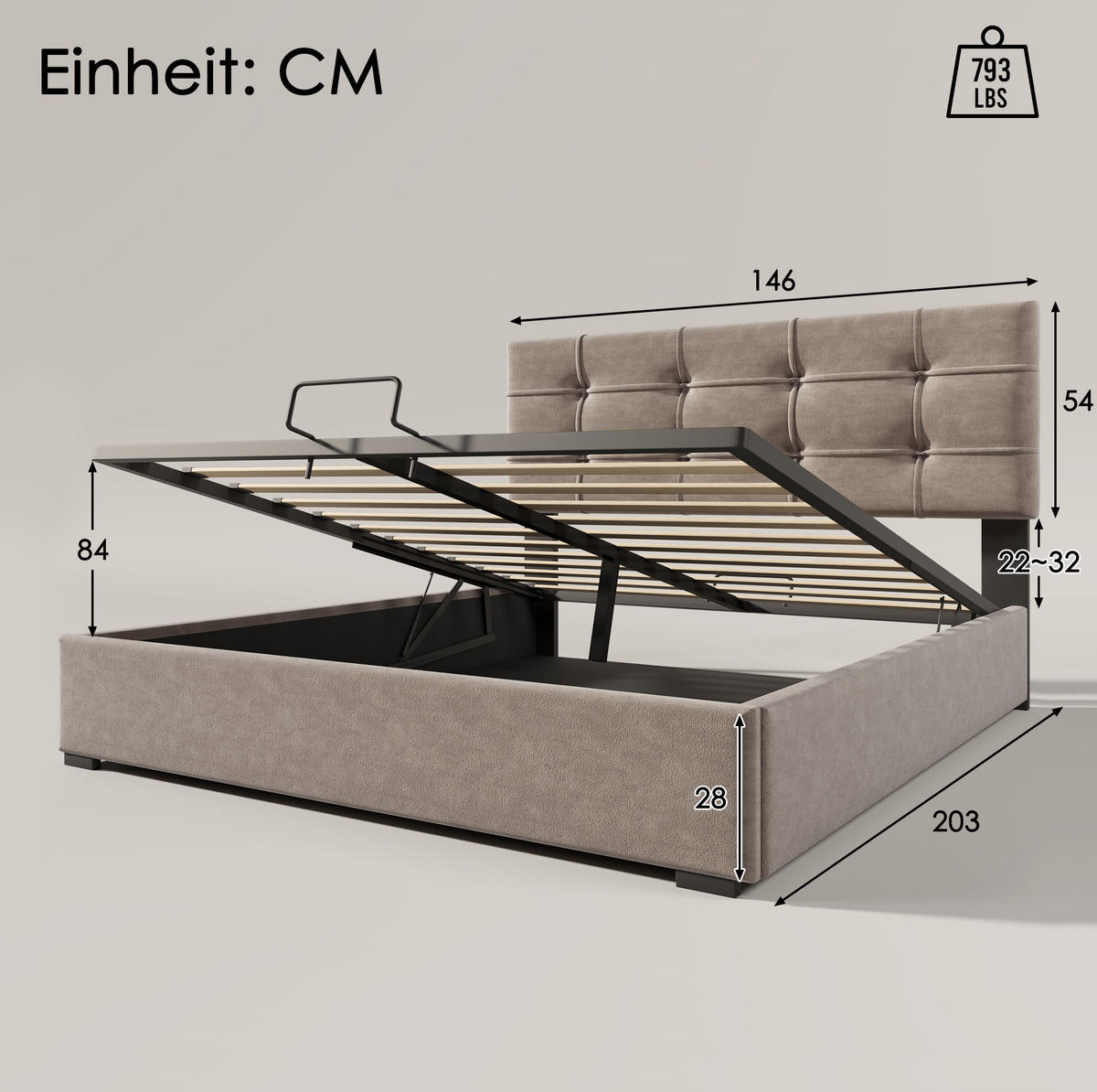 SAMT-POLSTERBETT 140/200 cm mit Bettkasten, Matratze und verstellbarem Kopfteil - Hellgrau, Textil (140/200cm) - BEAOK