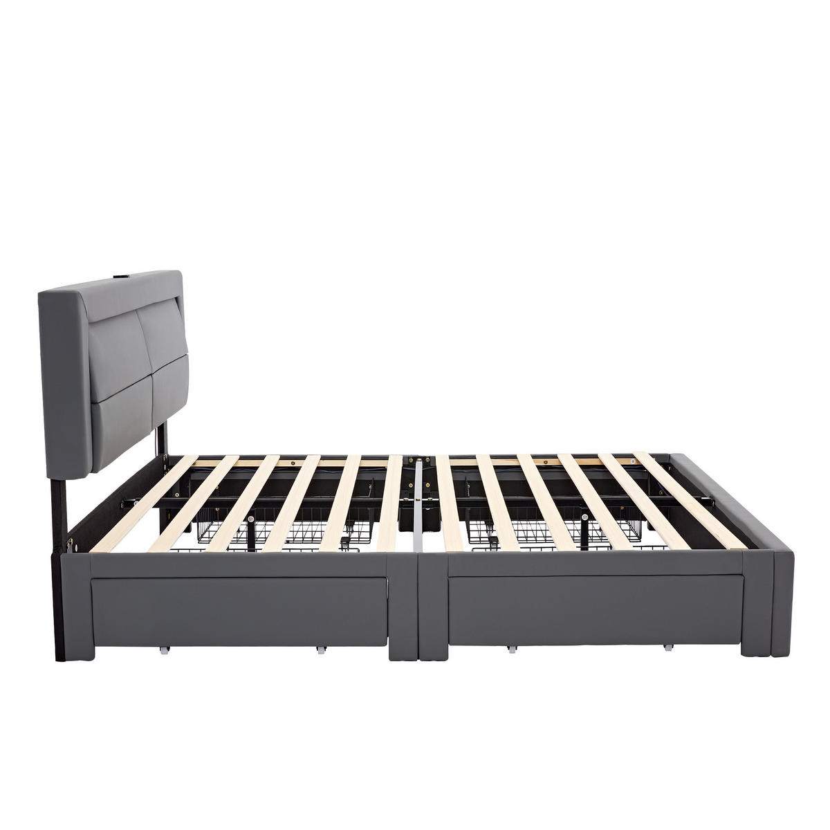 POLSTERBETT aus PU 140x200 cm Grau mit LED-Beleuchtung, USB-Ladeanschlüssen und 4 Schubladen - Grau, Leder (140/200cm) - IVMEU