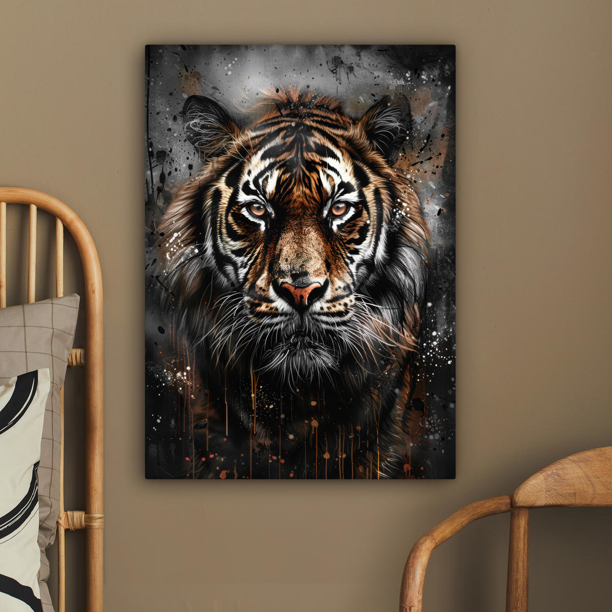 LEINWANDBILD Tiger - Tiere - Porträt - Luxus - Schwarz 60x80 cm - Anthrazit, Textil (60/80cm) - MuchoWow