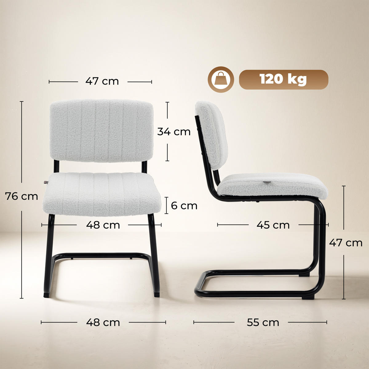 ESSZIMMERSTÜHLE 2er Set Polyester Cremeweiß - Creme/Schwarz, Textil/Metall (48/76/55cm) - HOMCOM