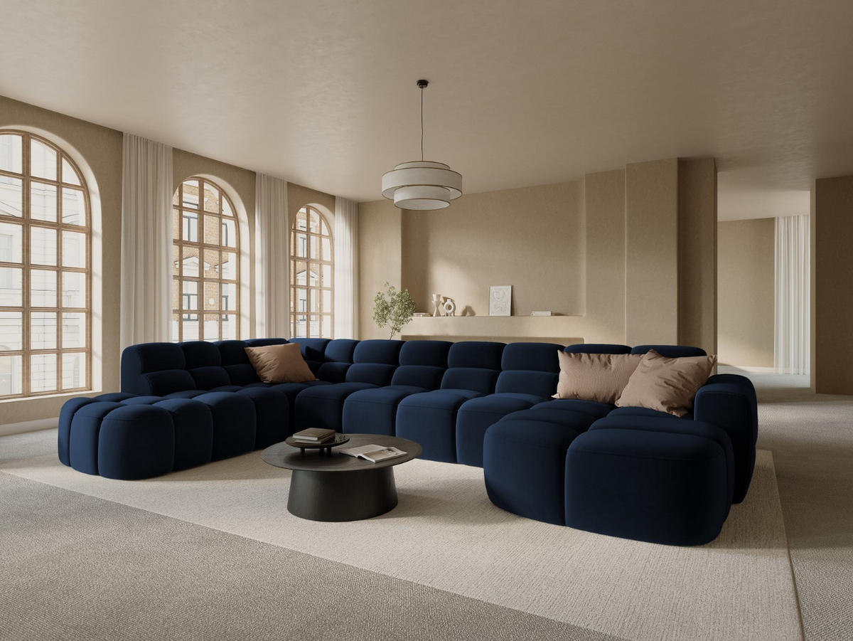 PANORAMASOFA links Lisa aus Samt königsblau 7 Sitzplätze - Dunkelblau, Textil (234/77/387cm) - Micadoni