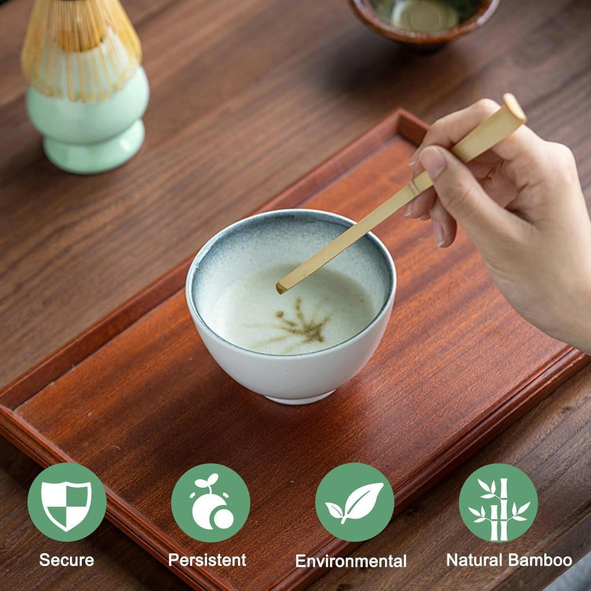 MATCHA Besen Set 4-teilig mit Löffeln und Halter cyanfarben - Türkis, Naturmaterialien (8/1.5/20cm)