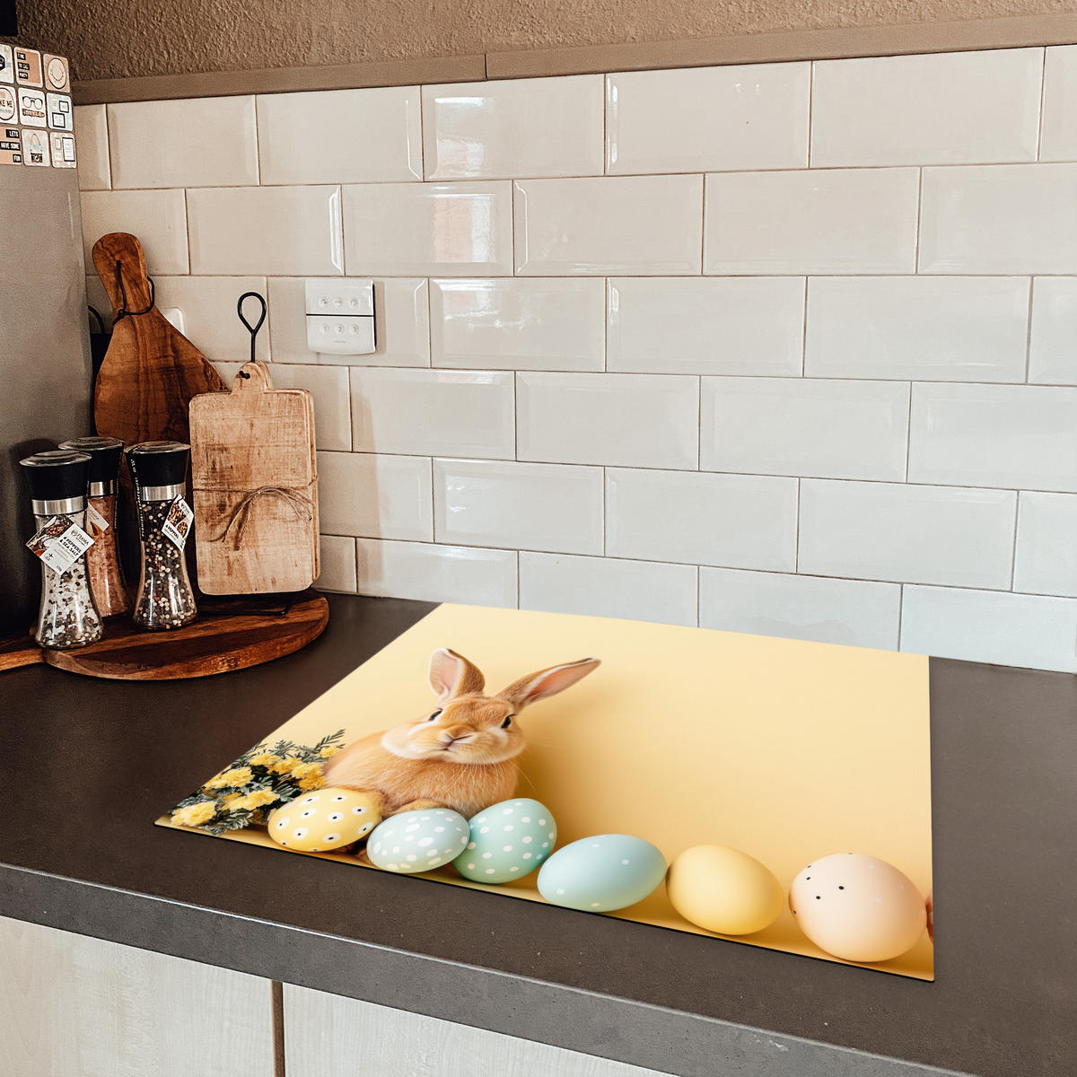 HERDABDECKPLATTE Eier - Kaninchen - Pastellfarbtöne Abdeckung Ceranfeld 58.3x51.3 cm - Hellgelb, Kunststoff (58.3/51.3/0.2cm) - MuchoWow
