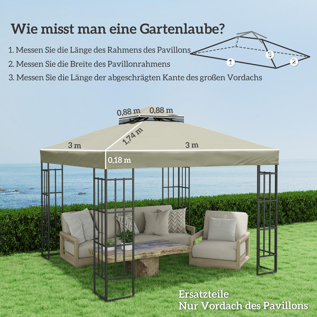 ERSATZDACH für Pavillon DE-05885 3/3 m Hellgrau - Hellgrau, Textil (300/1/300cm) - ComfortXL