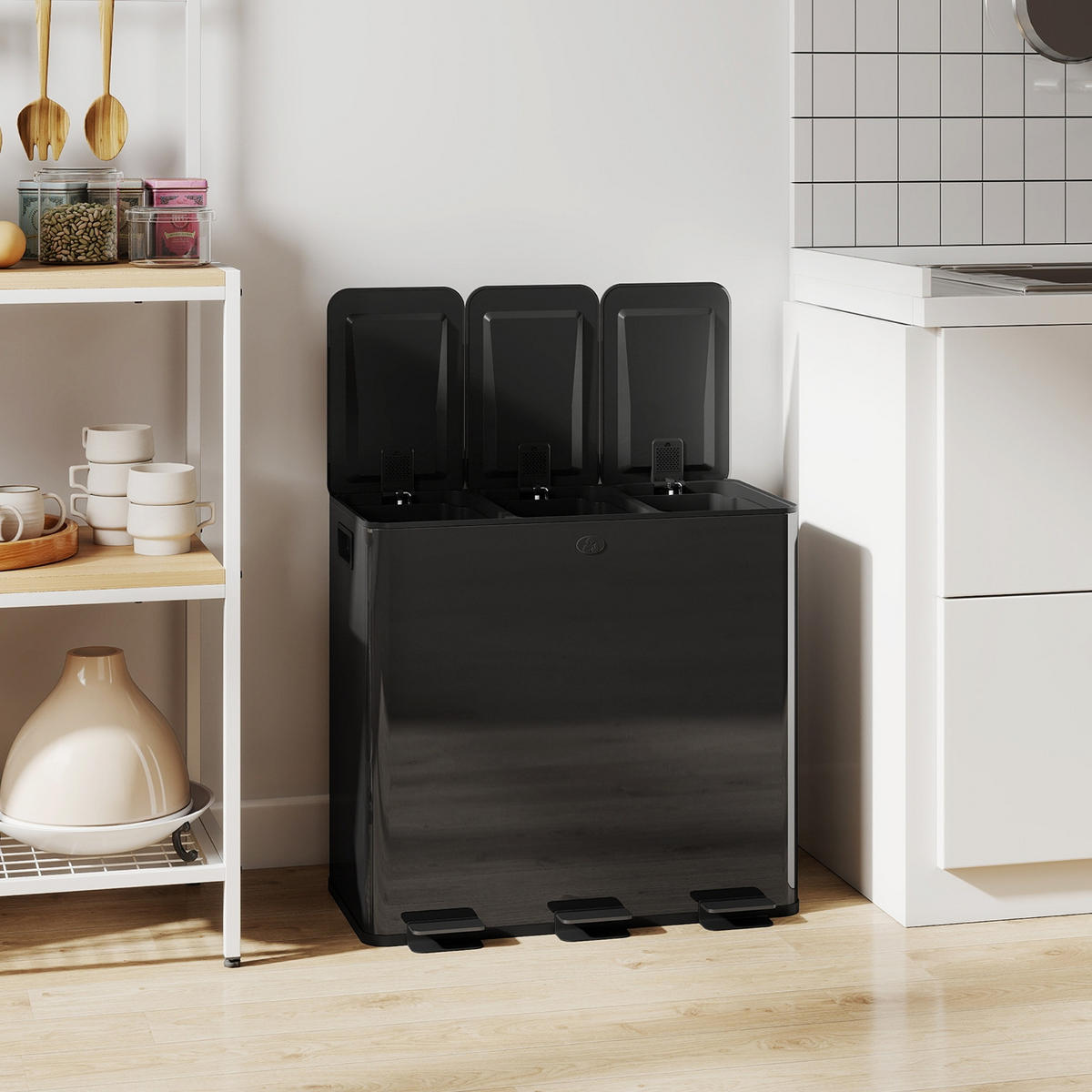 MÜLLTRENNSYSTEM 3 FÄCHER 60L 61,9/36,6/56,7 cm Edelstahl Schwarz Treteimer - Schwarz, Metall (36.6/56.7/61.9cm) - Rolipo