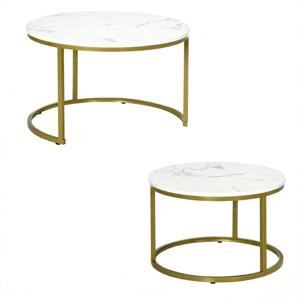 COUCHTISCH-SET 2-teilig Weiß/Gold Marmoroptik rund - Goldfarben/Weiß, Holzwerkstoff/Metall (74/74/46.3cm)