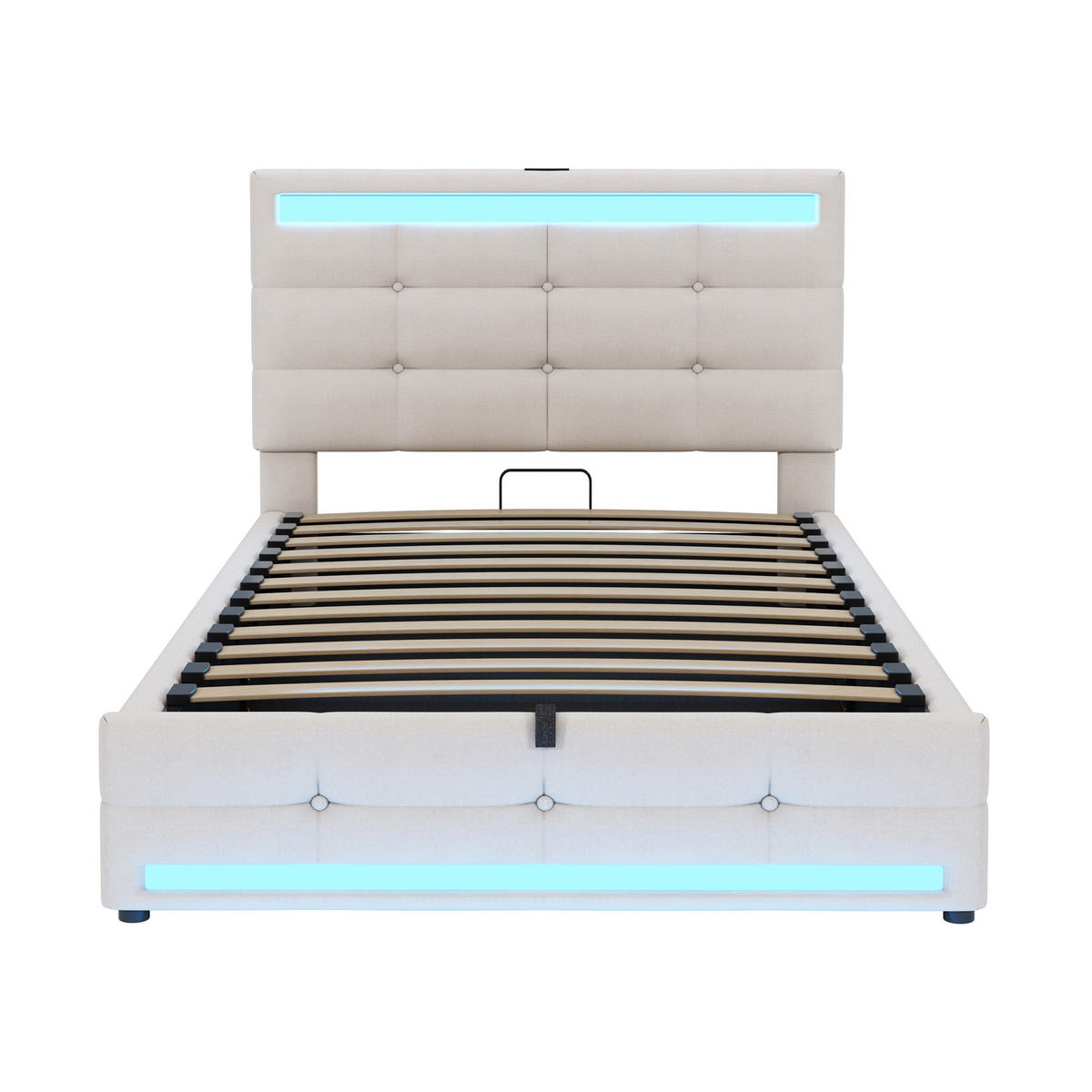 POLSTERBETT aus Leinen 90x200 cm in Beige mit LED & USB - Beige, Textil (90/200cm) - Modfu