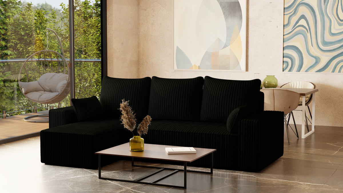 ECKSOFA Tobi mit Bettkasten und Schlaffunktion, L-Form/XL-Form, Cordstoff, Universal - Schwarz, Holzwerkstoff (246/145cm) - 4ALL HOME