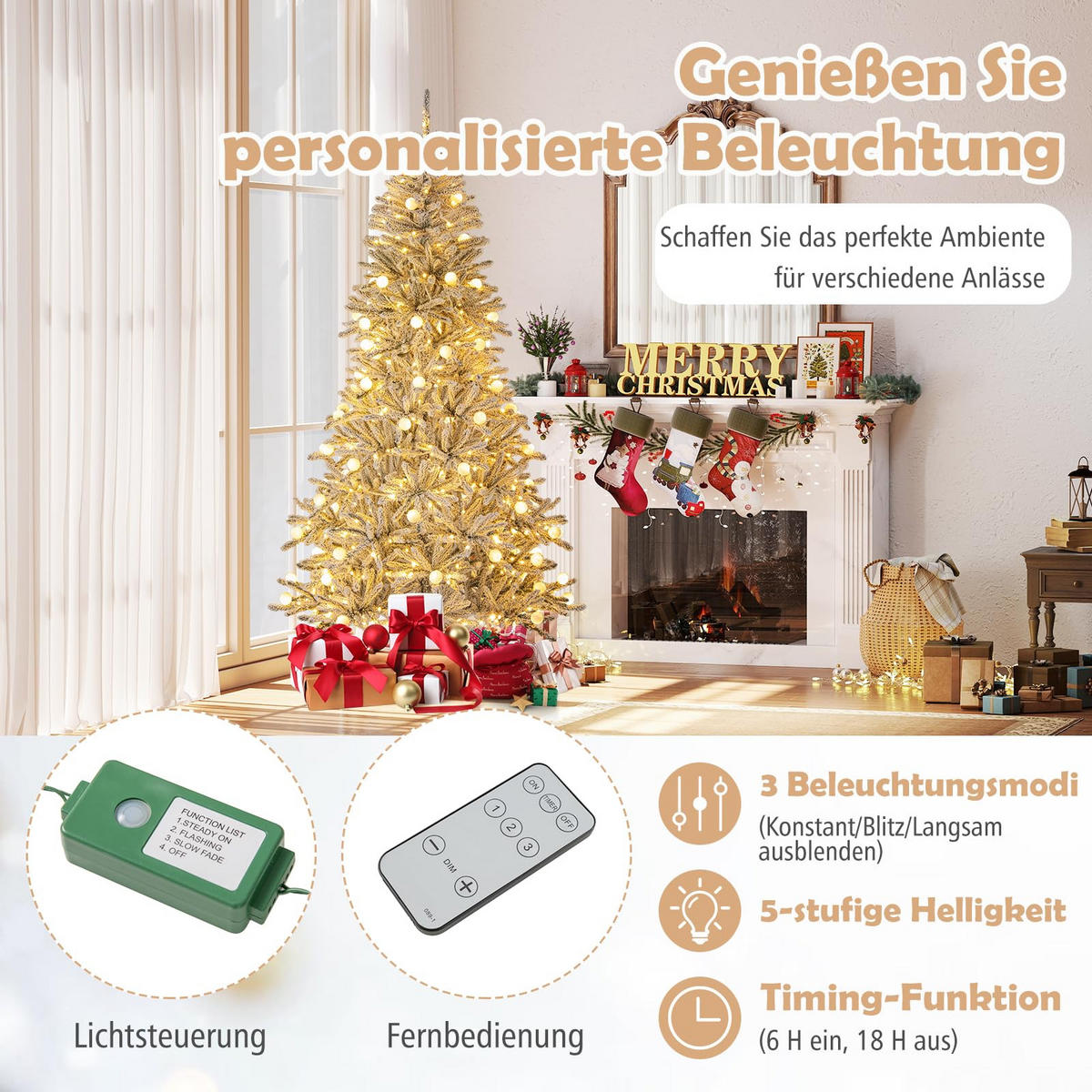 WEIHNACHTSBAUM mit Beleuchtung und Schnee Fernbedienung und Timer 210 cm weiß - Weiß, Metall (180cm) - COSTWAY