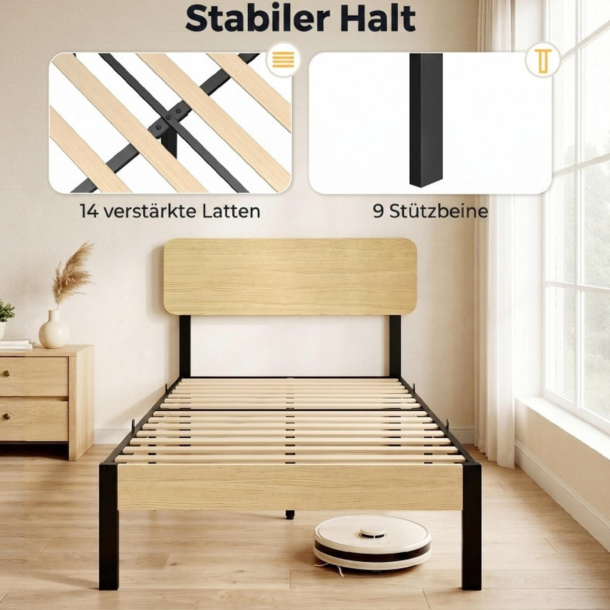 BETT 90/200 cm in Natur/Schwarz mit Kopfteil und Stauraum - Naturfarben, Metall (90/200cm) - Flora Grace