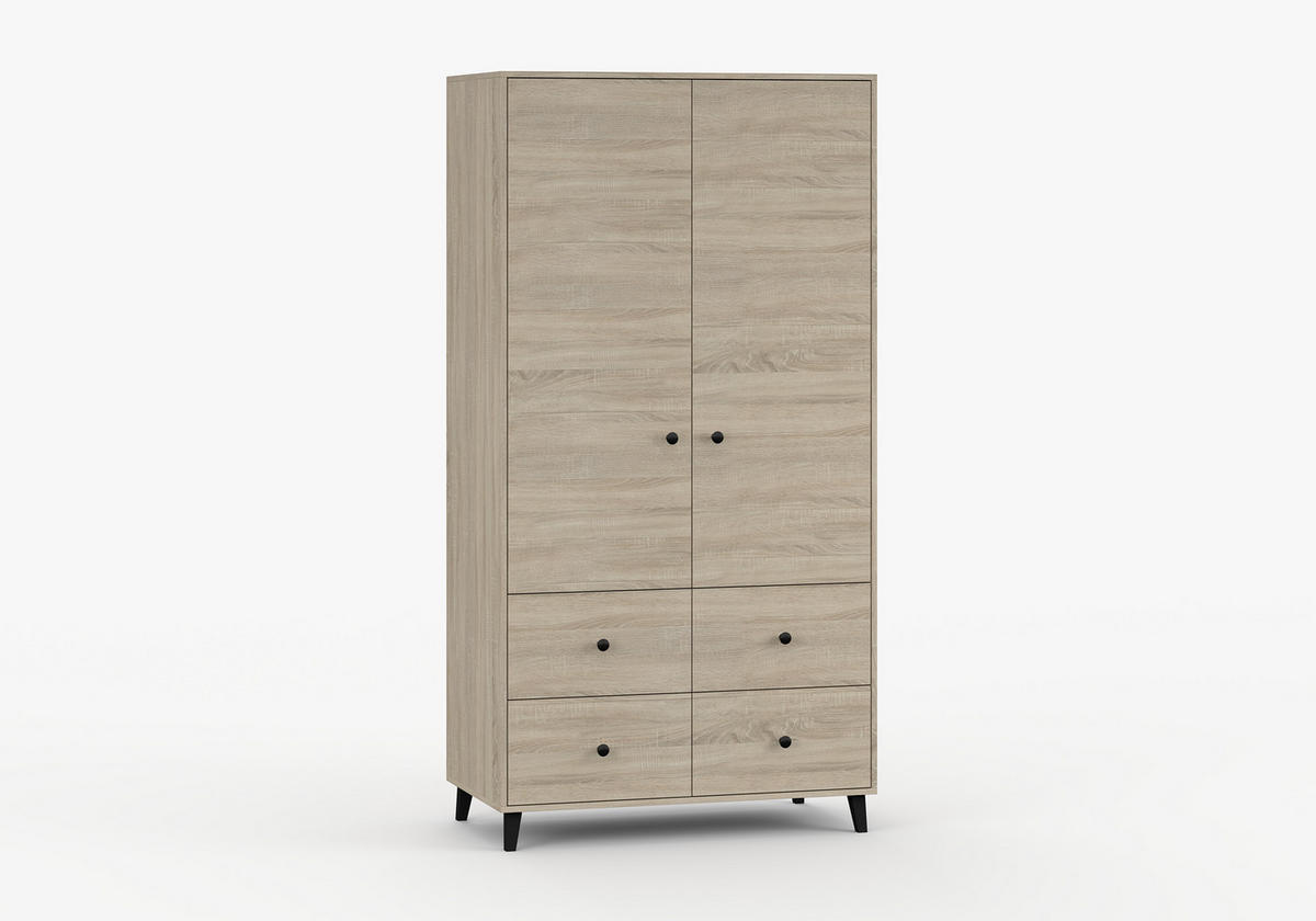 JUGENDZIMMER Mavaro in Sonoma Eiche mit Schwarz 4 teilig – Kinderzimmer Komplettset, mit kleinem Kleiderschrank, Kommode, Bett und Nachttisch - Braun, Holzwerkstoff (80/200/120cm)