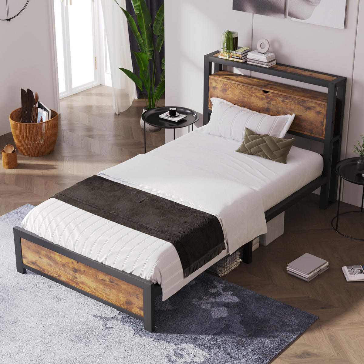 METALLBETT 90/200 cm in Natur & Schwarz mit Regal-Kopfteil und Metall-Lattenrost - Schwarz/Braun, Holzwerkstoff/Metall (90/200cm) - CHICFURN