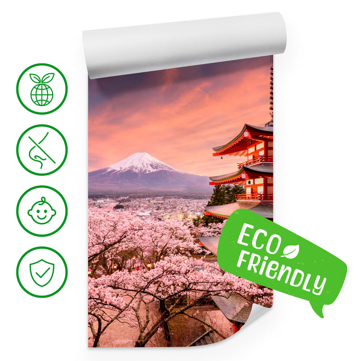 FOTOTAPETE Pagode Berg Fuji Sakura Landschaft 3D 200x140 - Rot/Violett, Papier (200/140cm) - Muralo