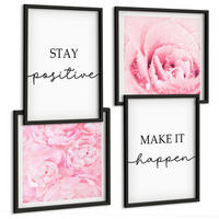 BILDER SET 4er Set - 50x50 cm & 40x60 cm Schwarzer Rahmen - Minimalistische rosa Blüten - Schwarz, Kunststoff (50/50cm) - TULUP