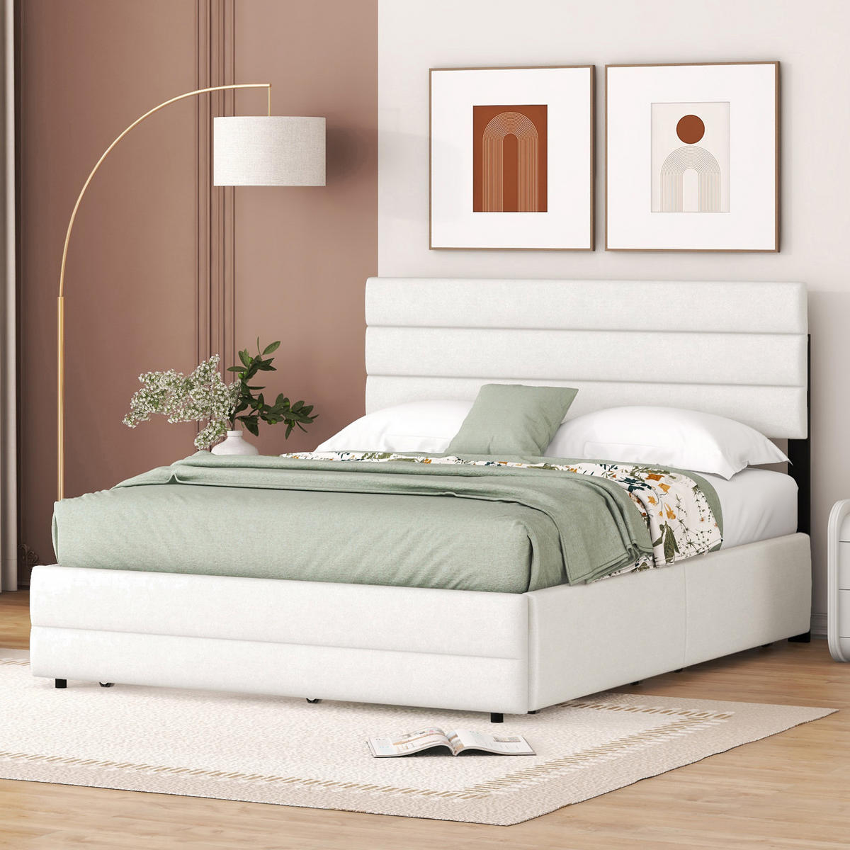 TAPECIRANI krevet 140/200 cm bež od lana s pomoćnim ležajem i 2 ladice - bež, tekstil (140/200cm) - OKWISH
