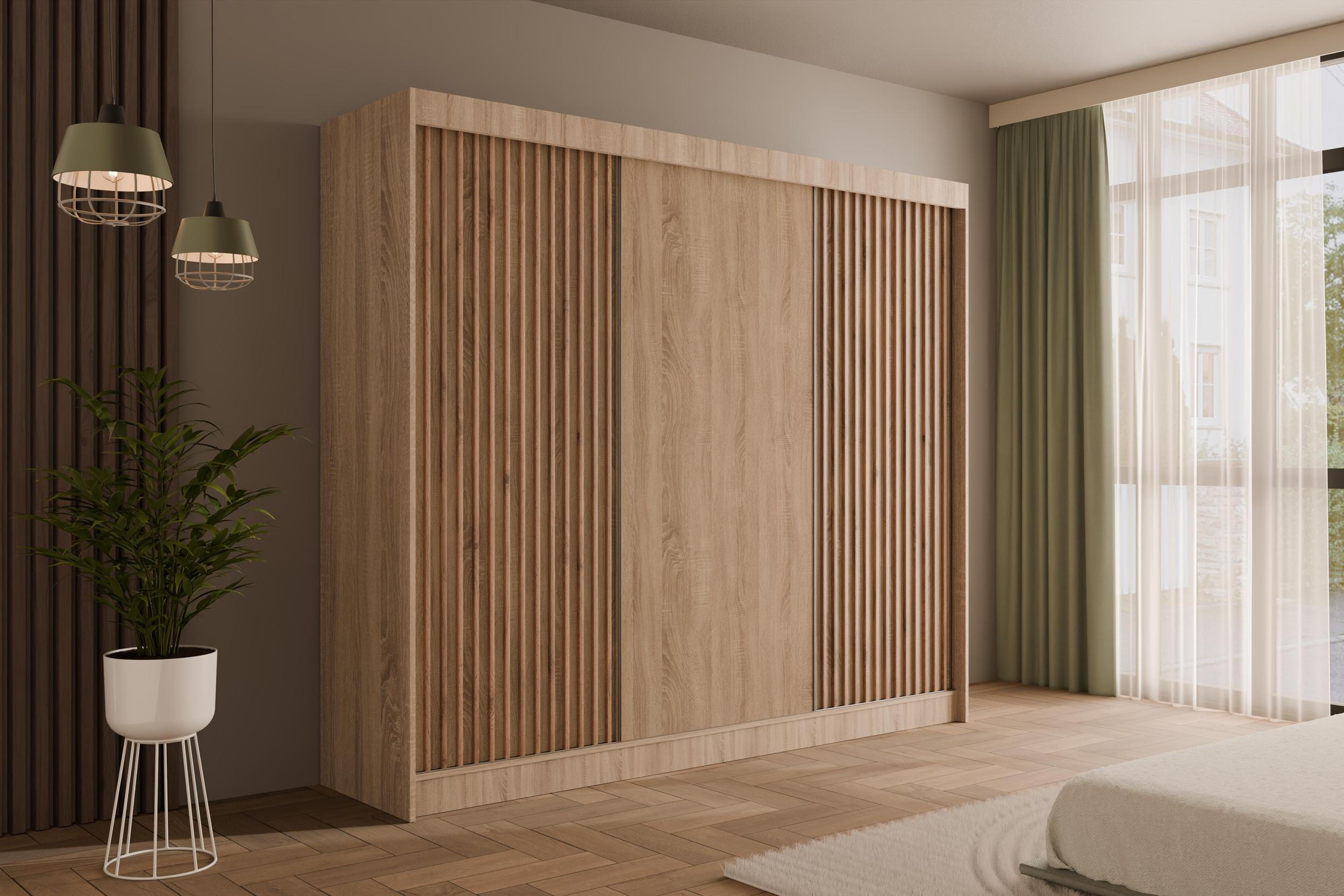KLEIDERSCHRANK mit Lamel-Schiebetüren VILANv2 - 250 cm Sonoma Eiche+Sonoma Eiche+Lamelle Eiche Wotan - Eiche Wotan/Sonoma Eiche, Holzwerkstoff (250/215/61cm) - ALTDECOR