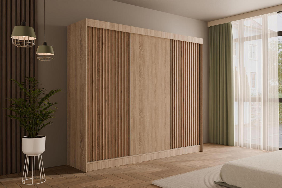 KLEIDERSCHRANK mit Lamel-Schiebetüren VILANv2 - 250 cm Sonoma Eiche+Sonoma Eiche+Lamelle Eiche Wotan - Eiche Wotan/Sonoma Eiche, Holzwerkstoff (250/215/61cm) - ALTDECOR