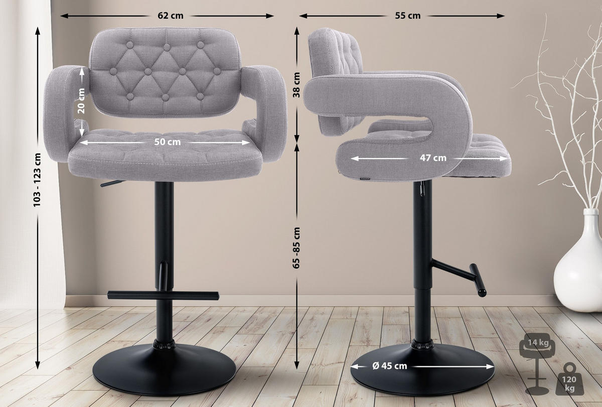 BARHOCKER Dublin 65-85 cm schwarz grau - Grau, Textil (62/103/55cm) - furnicato