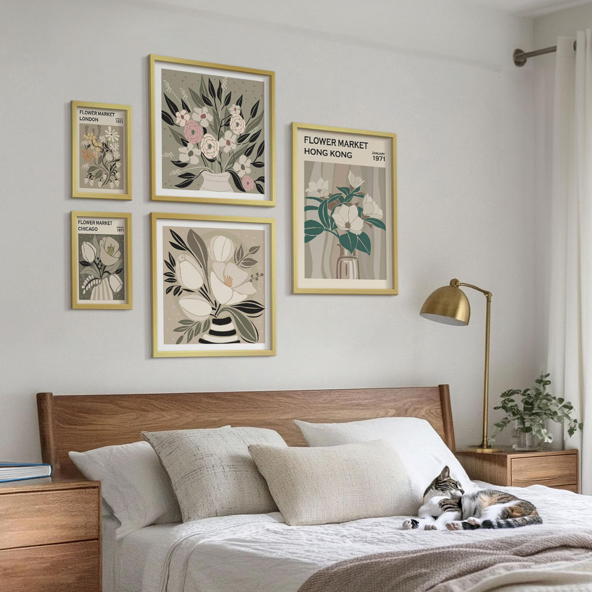 BILDER SET 5er Set - 50x50 cm & 20x30 cm & 40x60 cm Goldrahmen - Blumenillustrationen London Hongkong - Goldfarben, Kunststoff (40/60cm) - TULUP