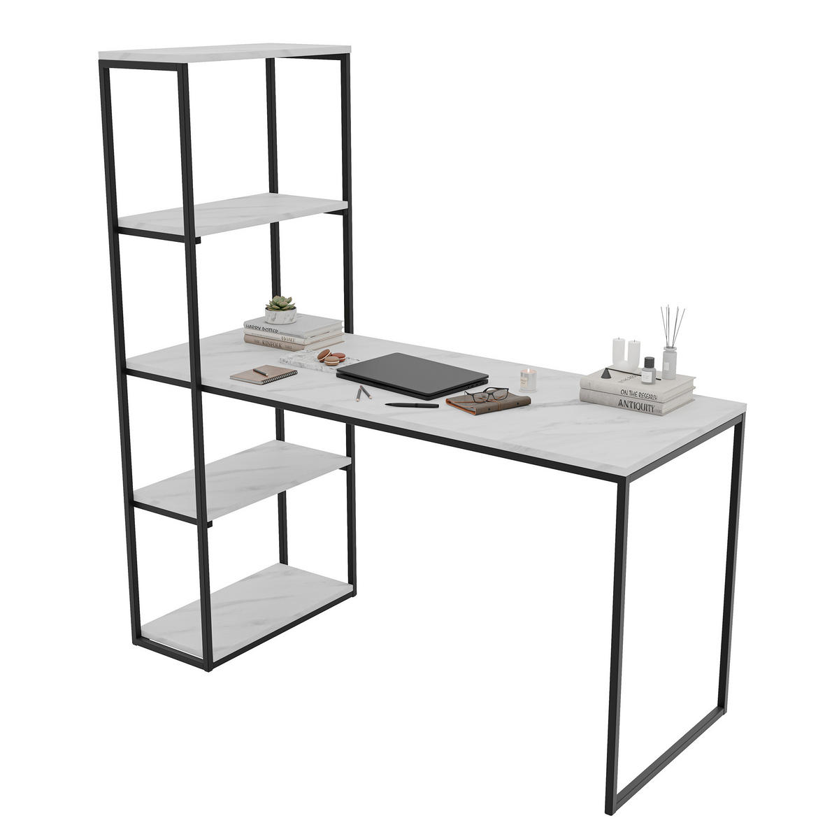SCHREIBTISCH LUMO mit regal, 152/60/160 cm Marmor Bianco/Schwarz - Weiß Hochglanz/Schwarz, Holzwerkstoff (152/60/160cm) - Idohome