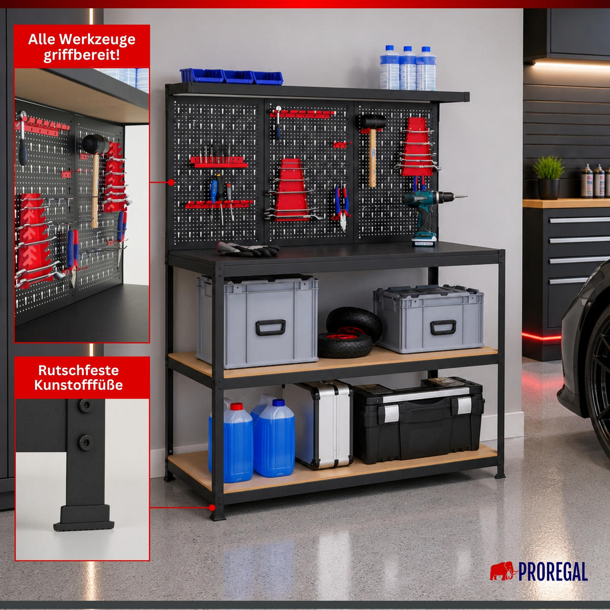 WERKBANK ARES mit Werkzeug Lochwand & Werkzeughalter-Set - Schwarz, Metall (120/155/60cm) - PROREGAL