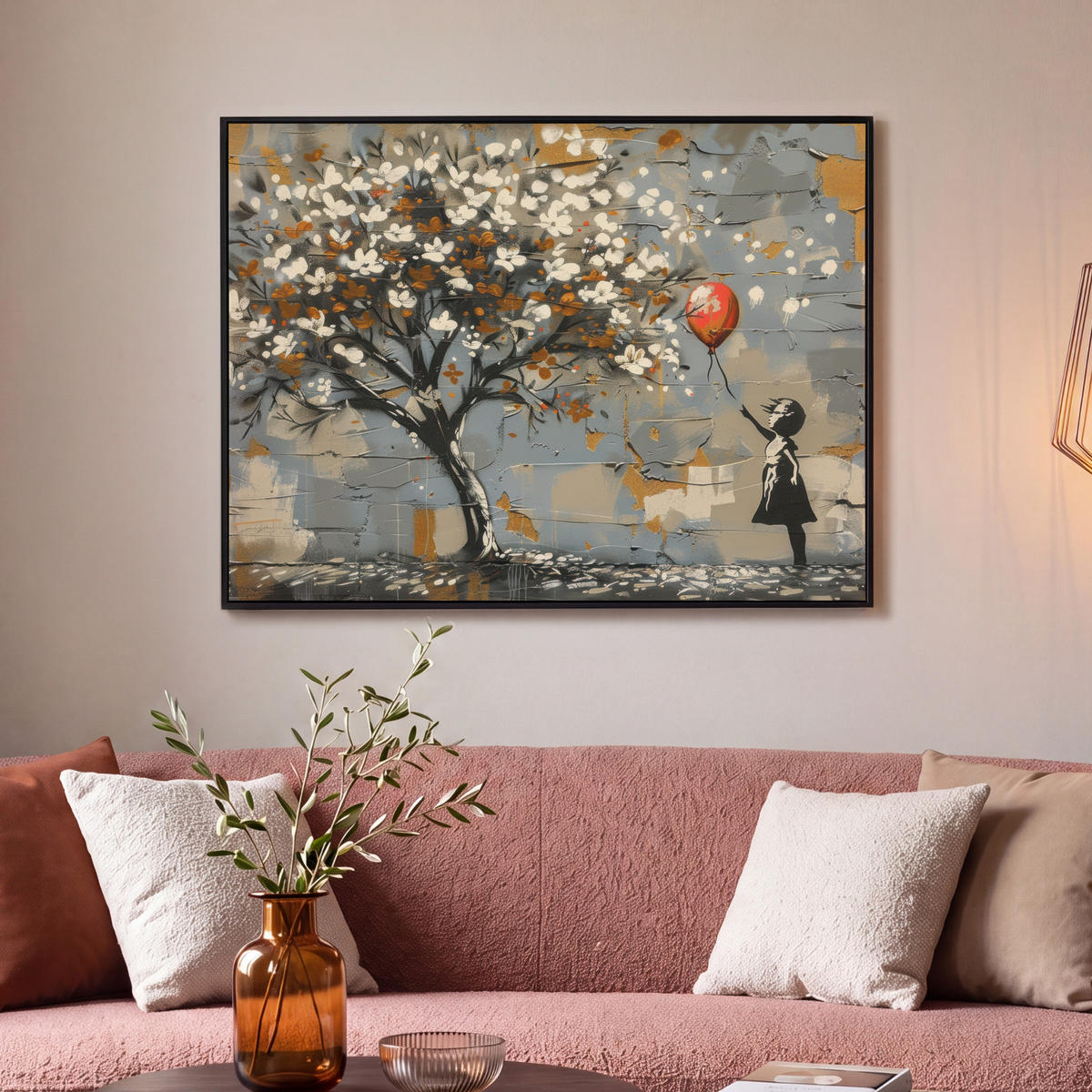 LEINWAND Bilder mit Rahmen - Baum - Graffiti - Banksy-Stil - Ballon-Mädchen - 100x70 - Blaugrau, Textil (100/70cm) - MuchoWow