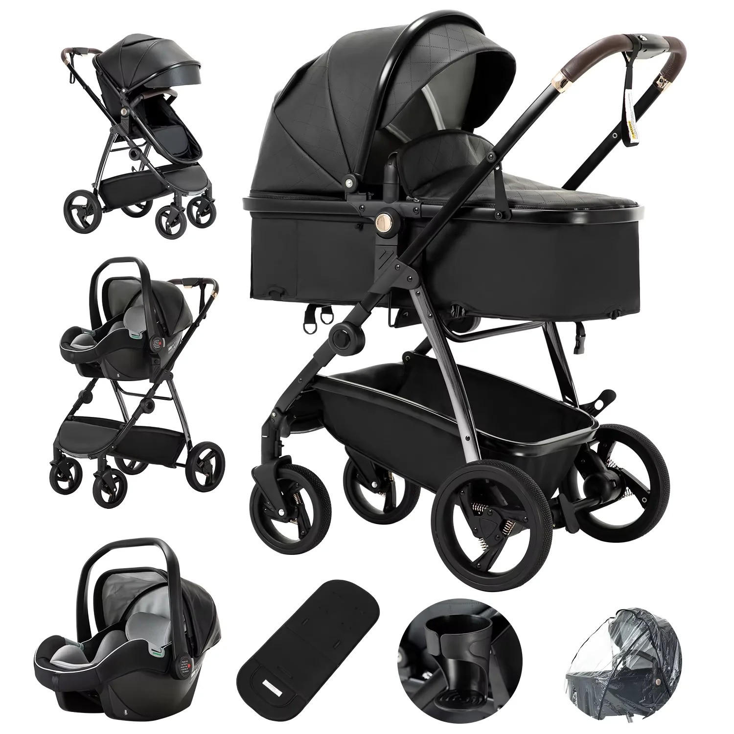 KINDERWAGENSET 3-in-1 Tragbarer mit Babytrage PU, 880B Schwarz - Schwarz, Metall (80/60cm) - Kaket