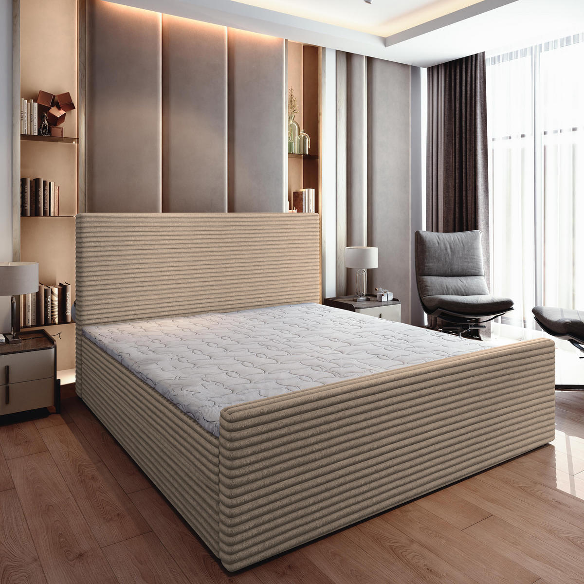 BOXBETT BRENTO 160x200 cm mit Matratze und Topper - Beige - Beige, Holz (160/200cm) - MASSENO