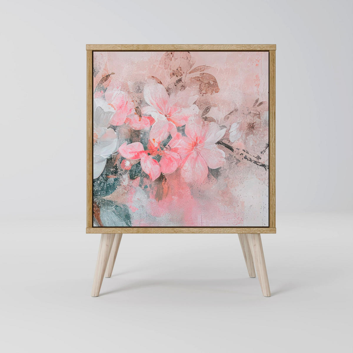 SIDEBOARD CHERRY BLOSSOM, Grau, 57,5x42x72,5 cm, Schwarze Metallfüße - Multicolor/Schwarz, Holzwerkstoff/Metall (57.5/72.5/42cm) - SpaceRebels